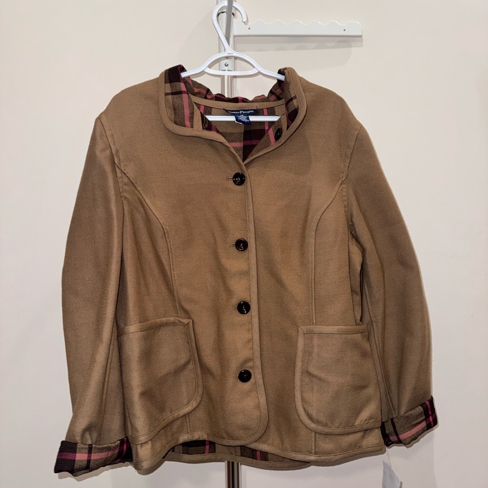 Evan Picone Women’s Tan Pea Coat with Plaid Trim